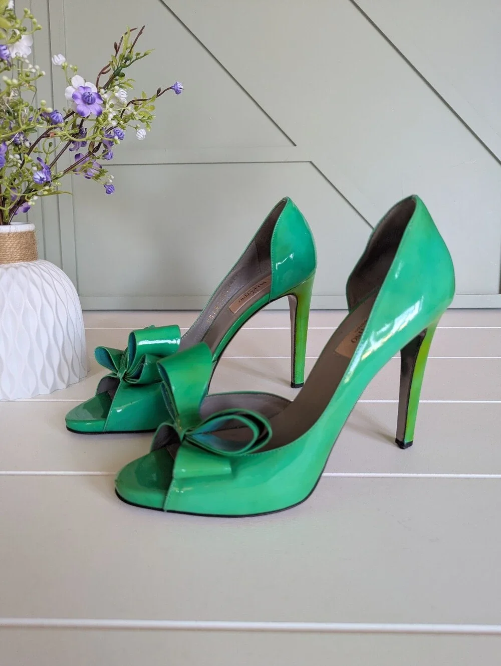 Patent Green Peep-Toe High Heels with Decorative Bow
